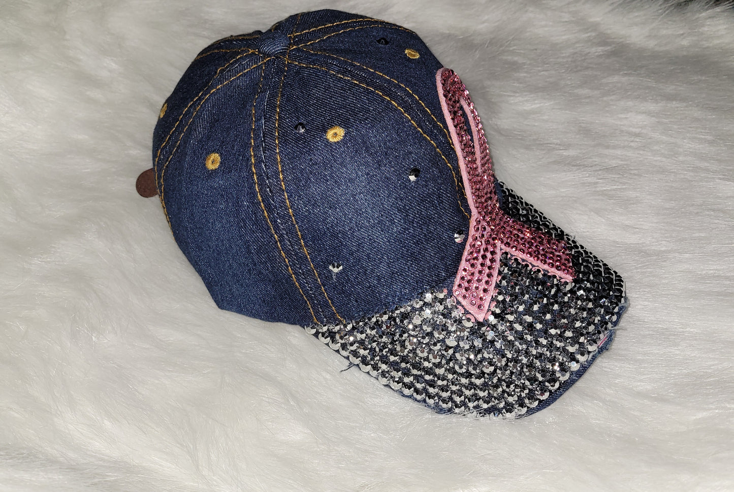 Blue Jean Breast Cancer Ribbon (Slanted) Jeweled Hat