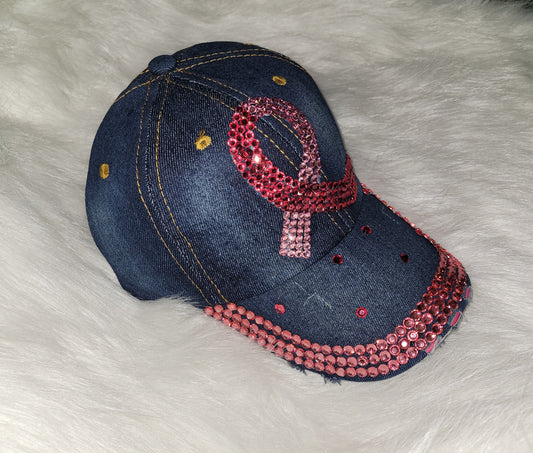 Blue Jean Breast Cancer Hot Pink/Lt Pink Ribbon Jeweled Hat