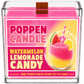 A square glass jar candle with bright pink wax and a front label reading 'POPPEN CANDLE' and 'WATERMELON LEMONADE CANDY,' featuring a drink graphic with pink and yellow layers, watermelon, and lemon slices.