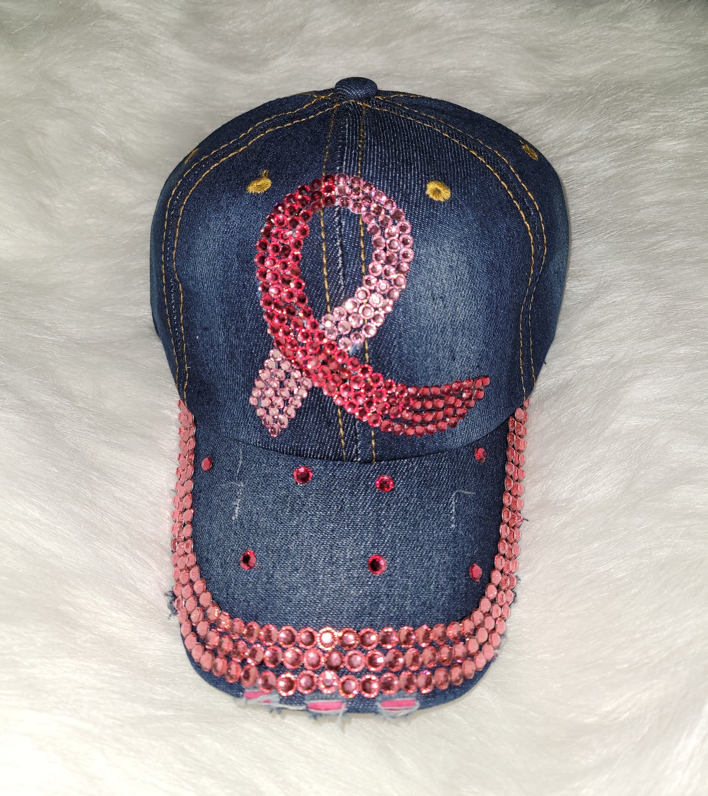 Blue Jean Breast Cancer Hot Pink/Lt Pink Ribbon Jeweled Hat