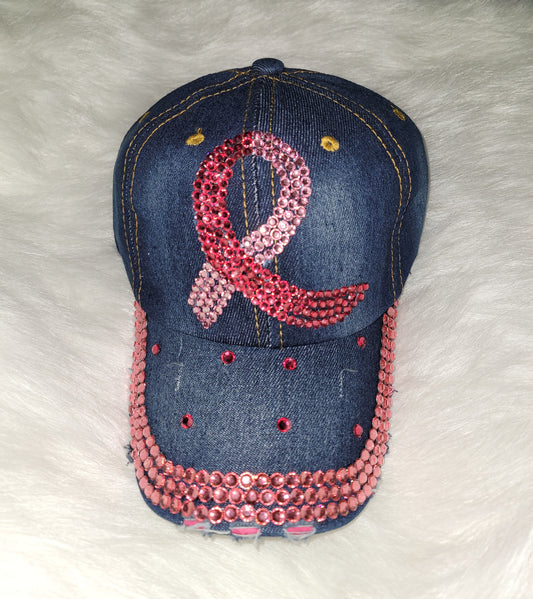 Blue Jean Breast Cancer Hot Pink/Lt Pink Ribbon Jeweled Hat